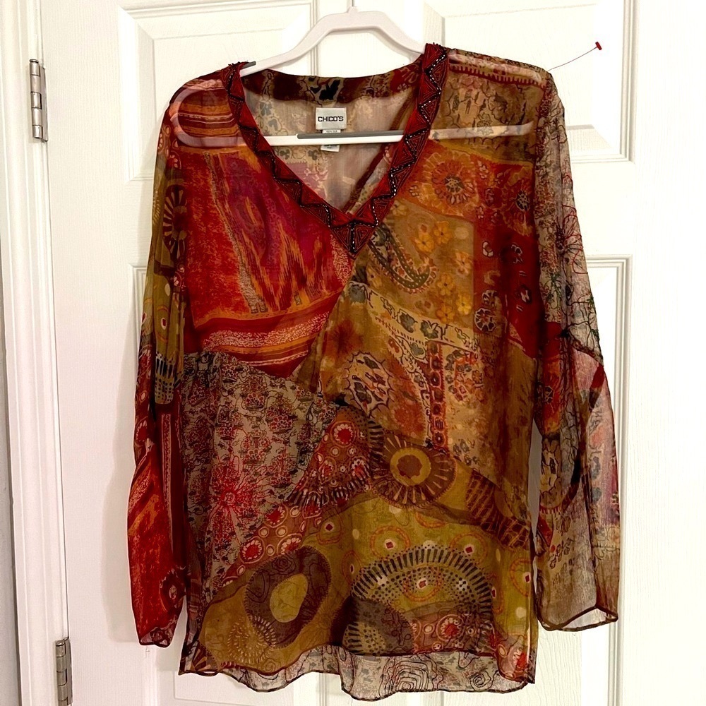 Chico’s NEW Silk long sleeve Sheer Tunic,V-neck embroidered neckline, Sz1, Sz S - Picture 5 of 15
